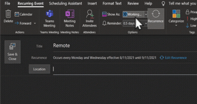 A Computer Screen Shows A Remote Meeting That Occurs Every Monday And Wednesday Effective 8/1/2021 Until 9/11/2021 GIF