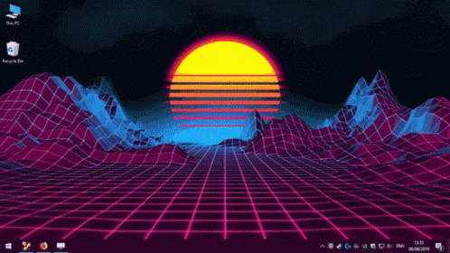 A Computer Screen Shows A Sunset Over A Grid GIF