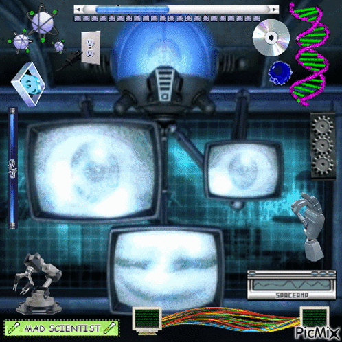 A Computer Screen That Says Mad Scientist On The Bottom GIF