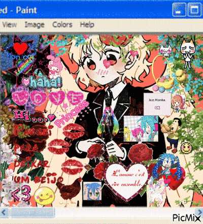 A Computer Screen With A Girl Holding A Bouquet Of Red Roses And A Sign That Says Just Monika GIF