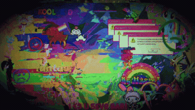 A Computer Screen With A Rainbow Colored Background And The Word Kool Kid On The Bottom Right GIF