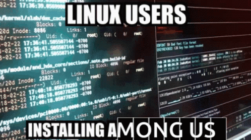 A Computer Screen With The Words " Linux Users Installing Among Us " GIF