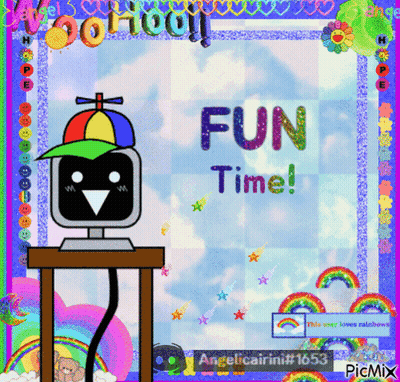 A Computer With A Colorful Hat And The Words Fun Time On The Bottom GIF