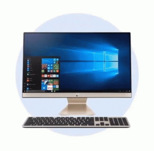 A Computer With A Keyboard And A Monitor Is Sitting In A Circle . GIF