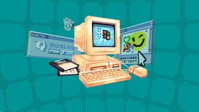 A Computer With A Smiley Face On The Screen Is Surrounded By Other Icons GIF