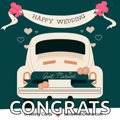 A Congratulations Card With A Car That Says Happy Wedding Just Married GIF