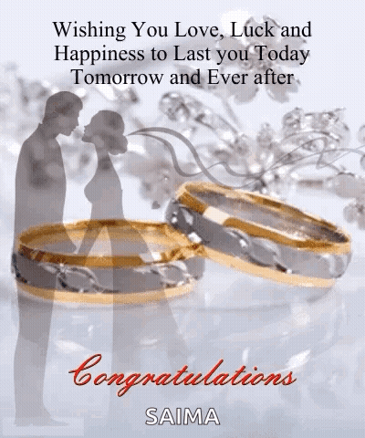 A Congratulations Card With A Silhouette Of A Bride And Groom And Wedding Rings GIF