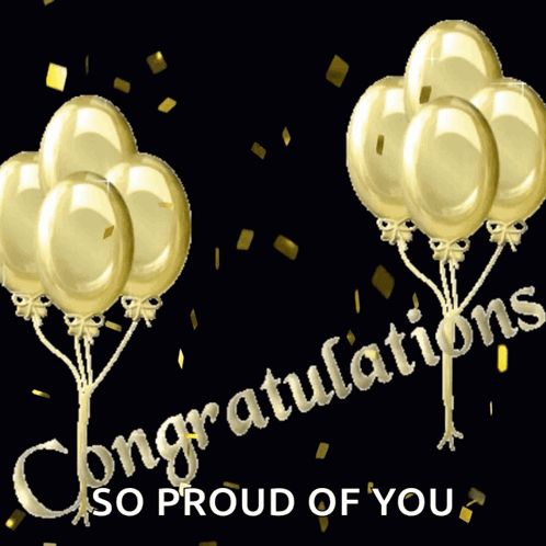 A Congratulations Card With Gold Balloons On A Black Background GIF