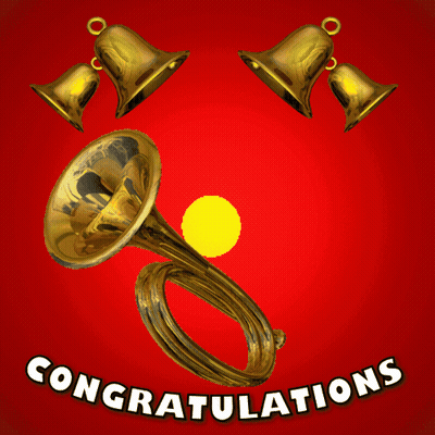 A Congratulations Greeting Card With A Trumpet And Bells GIF