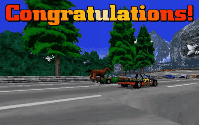 A Congratulations Screen Shows A Horse And A Race Car GIF