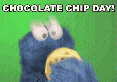 A Cookie Monster Is Eating A Cookie And The Words Chocolate Chip Day Are Above It GIF
