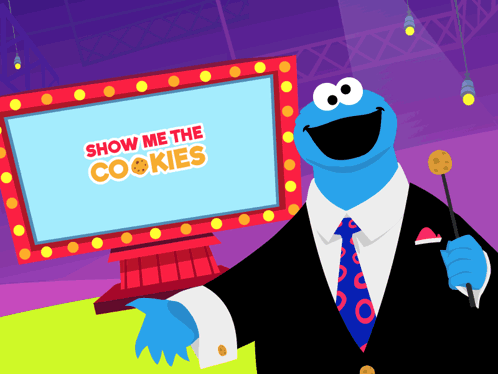 A Cookie Monster Is Standing In Front Of A Screen That Says Show Me The Cookies GIF