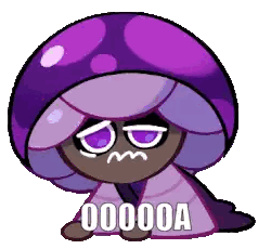 A Cookie Run Character With A Purple Mushroom Hat And A Purple Wig Is Sitting Down . Sticker