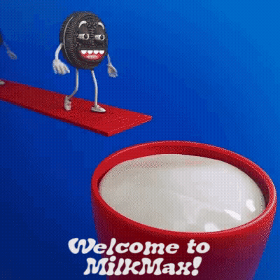 A Cookie With Arms And Legs Is Jumping Off A Diving Board Into A Cup Of Milk .. GIF