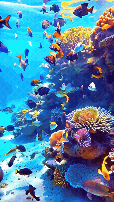 A Coral Reef With A Lot Of Fish Swimming Around It GIF