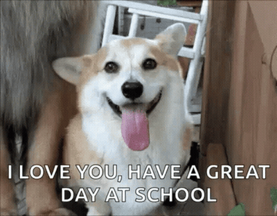 A Corgi Dog With Its Tongue Out Is Smiling And Says `` I Love You , Have A Great Day At School '' GIF
