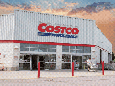 A Costco Wholesale Store With A Red And Blue Sign GIF