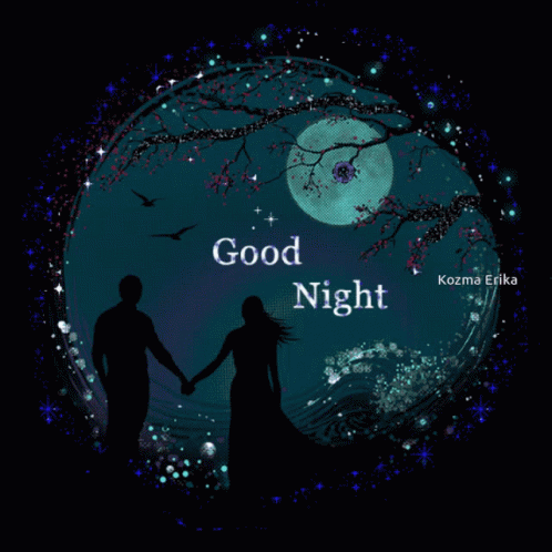 A Couple Holding Hands In Front Of A Full Moon With Good Night Written On The Bottom GIF