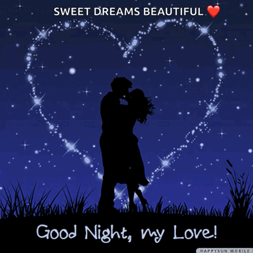 a couple kissing in front of a heart that says good night