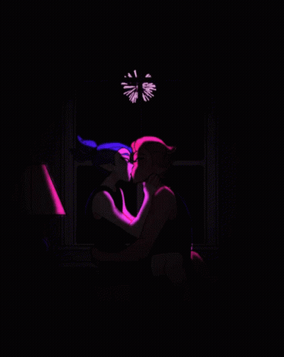 A Couple Kissing In Front Of Fireworks In The Night Sky GIF