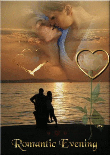 A Couple Kissing On A Beach With The Words Romantic Evening GIF