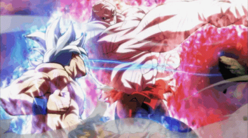 A Couple Of Anime Characters Are Fighting Each Other With A Purple Background GIF