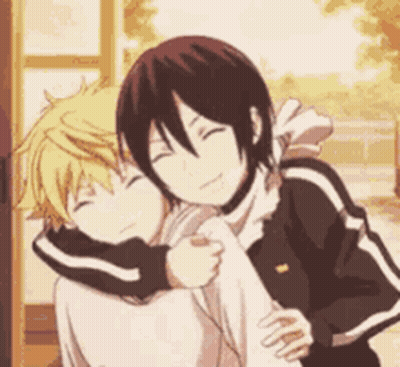 A Couple Of Anime Characters Are Hugging Each Other And Smiling . GIF