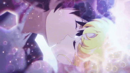 A Couple Of Anime Characters Are Kissing Each Other In A Purple Background . GIF