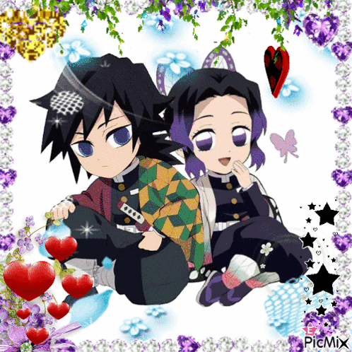 A Couple Of Anime Characters Are Sitting Next To Each Other In A Frame With Hearts And Flowers GIF