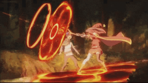 A Couple Of Anime Characters Are Standing Next To Each Other And Fighting With A Sword . GIF