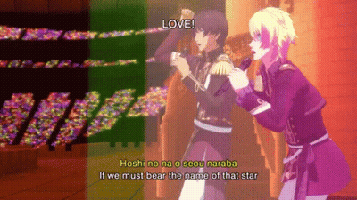 A Couple Of Anime Characters Are Standing Next To Each Other And One Of Them Says " Love " GIF
