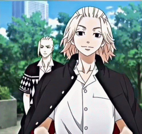 A Couple Of Anime Characters Are Standing Next To Each Other . GIF