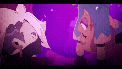 A Couple Of Anime Characters Are Standing Next To Each Other In A Purple Background GIF