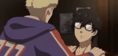 A Couple Of Anime Characters Are Standing Next To Each Other In A Room . One Of The Characters Is Wearing Glasses . GIF