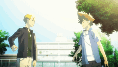 A Couple Of Anime Characters Are Standing Next To Each Other GIF
