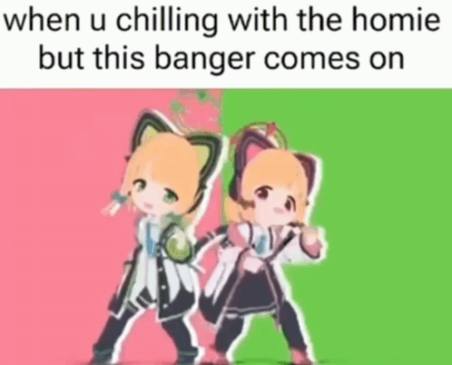 A Couple Of Anime Characters Are Standing Next To Each Other On A Green And Pink Background . GIF