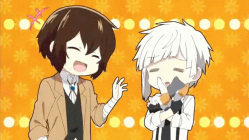 A Couple Of Anime Characters Are Standing Next To Each Other On An Orange Background GIF