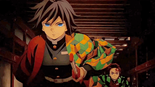 A Couple Of Anime Characters Are Standing Next To Each Other . GIF