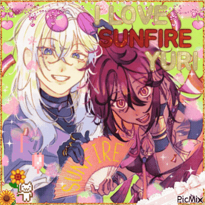A Couple Of Anime Characters Are Standing Next To Each Other With The Words Love Sunfire Yuri GIF