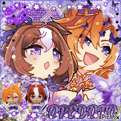 A Couple Of Anime Characters Are Surrounded By Purple Butterflies And Flowers GIF