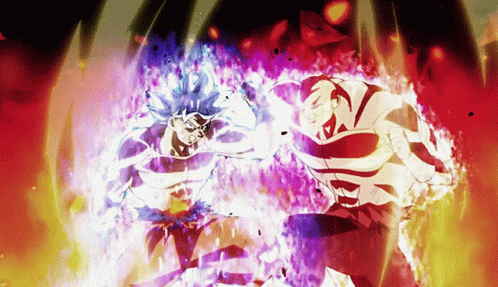 A Couple Of Anime Characters Fighting Each Other With Purple Flames Behind Them GIF