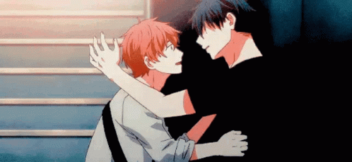 Anime Characters Hugging In Front Of Stairs GIF