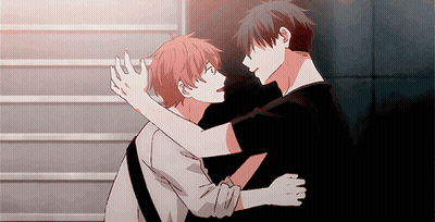 A Couple Of Anime Characters Hugging Each Other While Standing Next To Each Other GIF