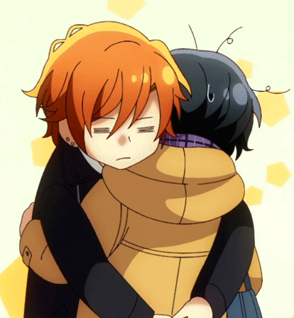 A Couple Of Anime Characters Hugging Each Other With One Of Them Looking Tired GIF