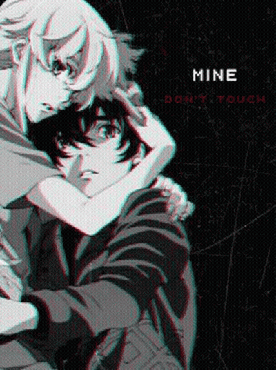 A Couple Of Anime Characters Hugging Each Other With The Words Mine Don 'T Touch GIF