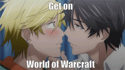A Couple Of Anime Characters Kissing With The Words Get On World Of Warcraft Below Them GIF