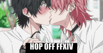 A Couple Of Anime Characters Kissing With The Words Hop Off Ffxiv Above Them GIF