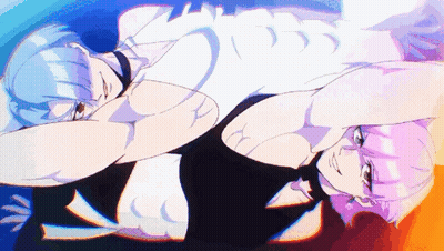 A Couple Of Anime Characters Laying On Top Of Each Other With Their Arms Outstretched GIF
