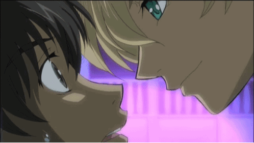 A Couple Of Anime Characters Looking At Each Other With A Pink Background GIF