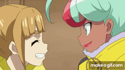 A Couple Of Anime Characters Looking At Each Other With Make A Gif.com At The Bottom GIF